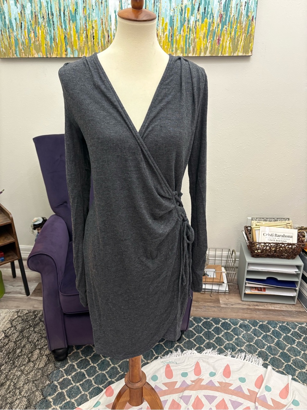 S-Twelve Charcoal Gray Long Sleeve Wrap Dress